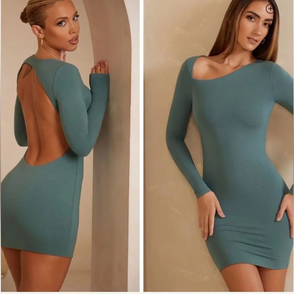 OH POLLY Sage Green Open Back Bodycon Mini Dress Long Sleeve Size US 6